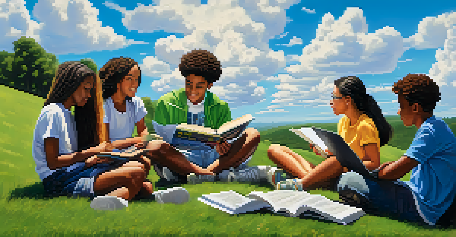 A group of teenagers discussing financial concepts outdoors on a grassy hill, with books and a laptop around them.
