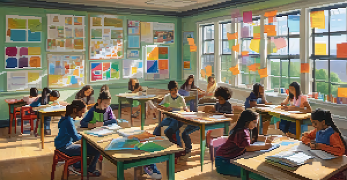 A lively classroom with diverse students engaged in group discussions and collaborative learning, surrounded by colorful educational materials and natural light.