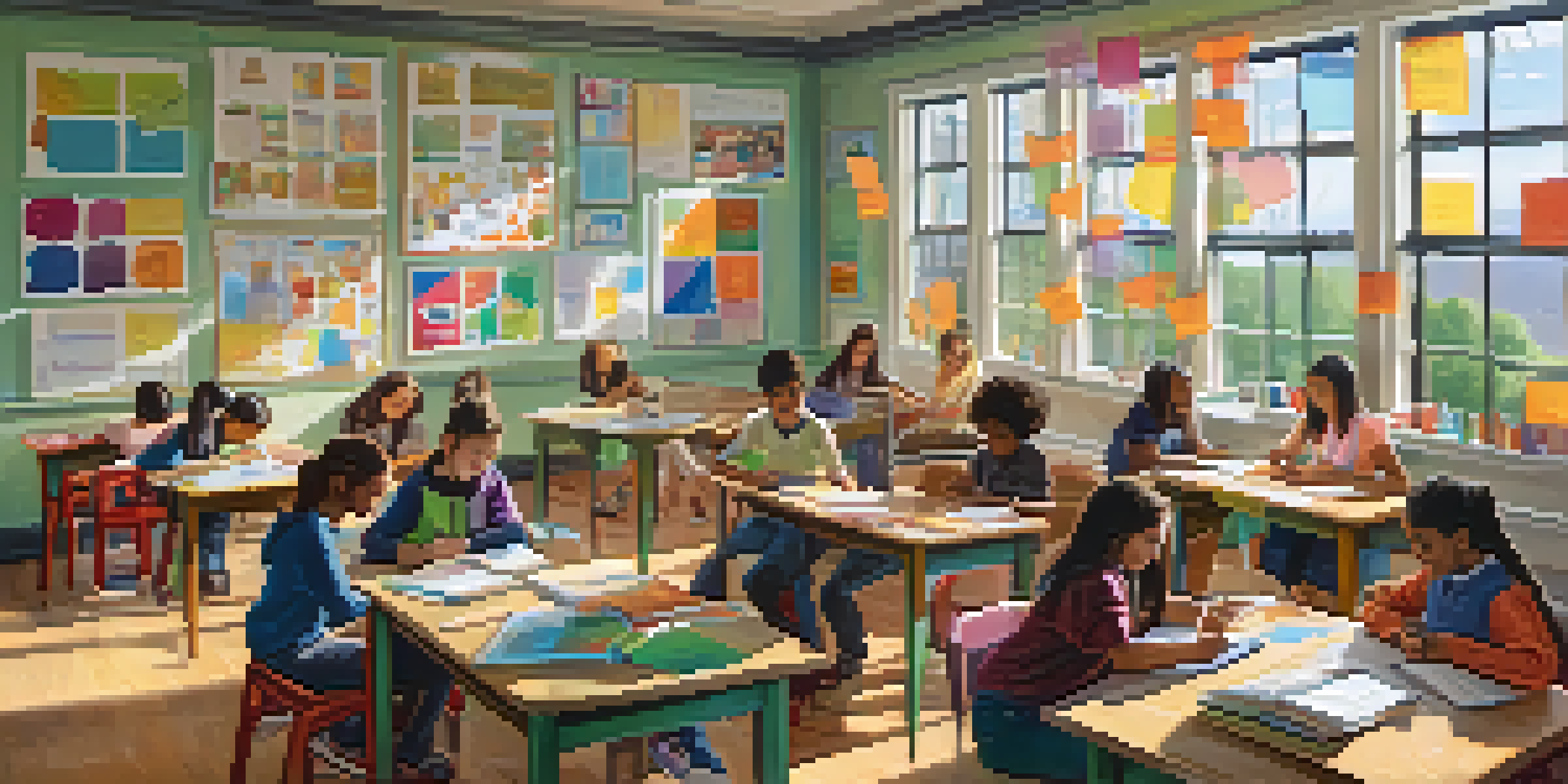 A lively classroom with diverse students engaged in group discussions and collaborative learning, surrounded by colorful educational materials and natural light.