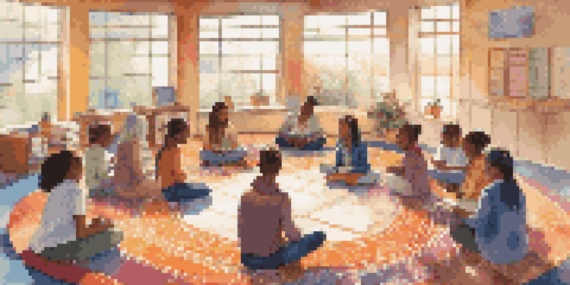 A diverse group of students sitting in a circle on colorful rugs in a classroom, engaging in reflective practices with journals, surrounded by cultural art on the walls and sunlight streaming in.