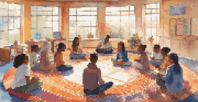 A diverse group of students sitting in a circle on colorful rugs in a classroom, engaging in reflective practices with journals, surrounded by cultural art on the walls and sunlight streaming in.
