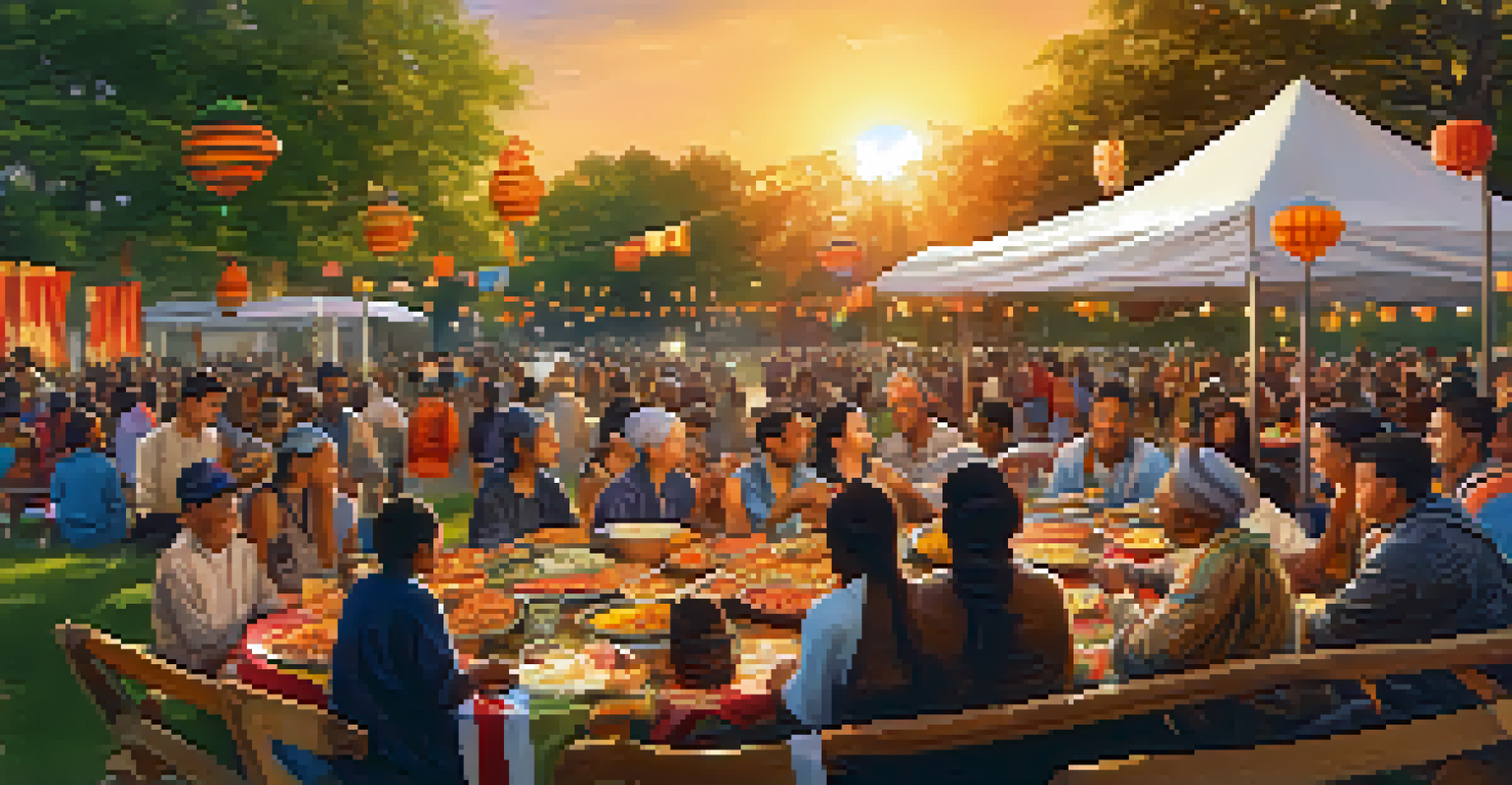 A vibrant community gathering in a park with diverse people sharing food and performances, decorated with colorful banners.