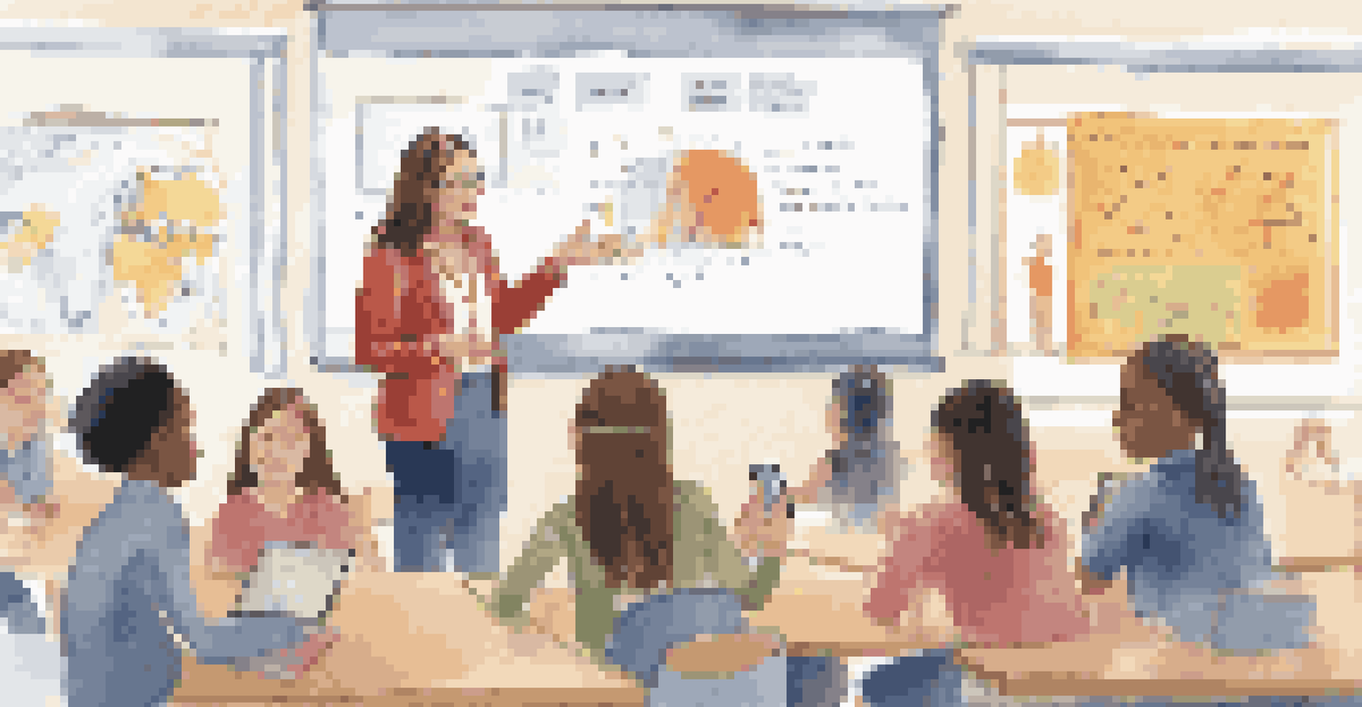 A teacher leading a mobile learning session with students using devices in a bright classroom.