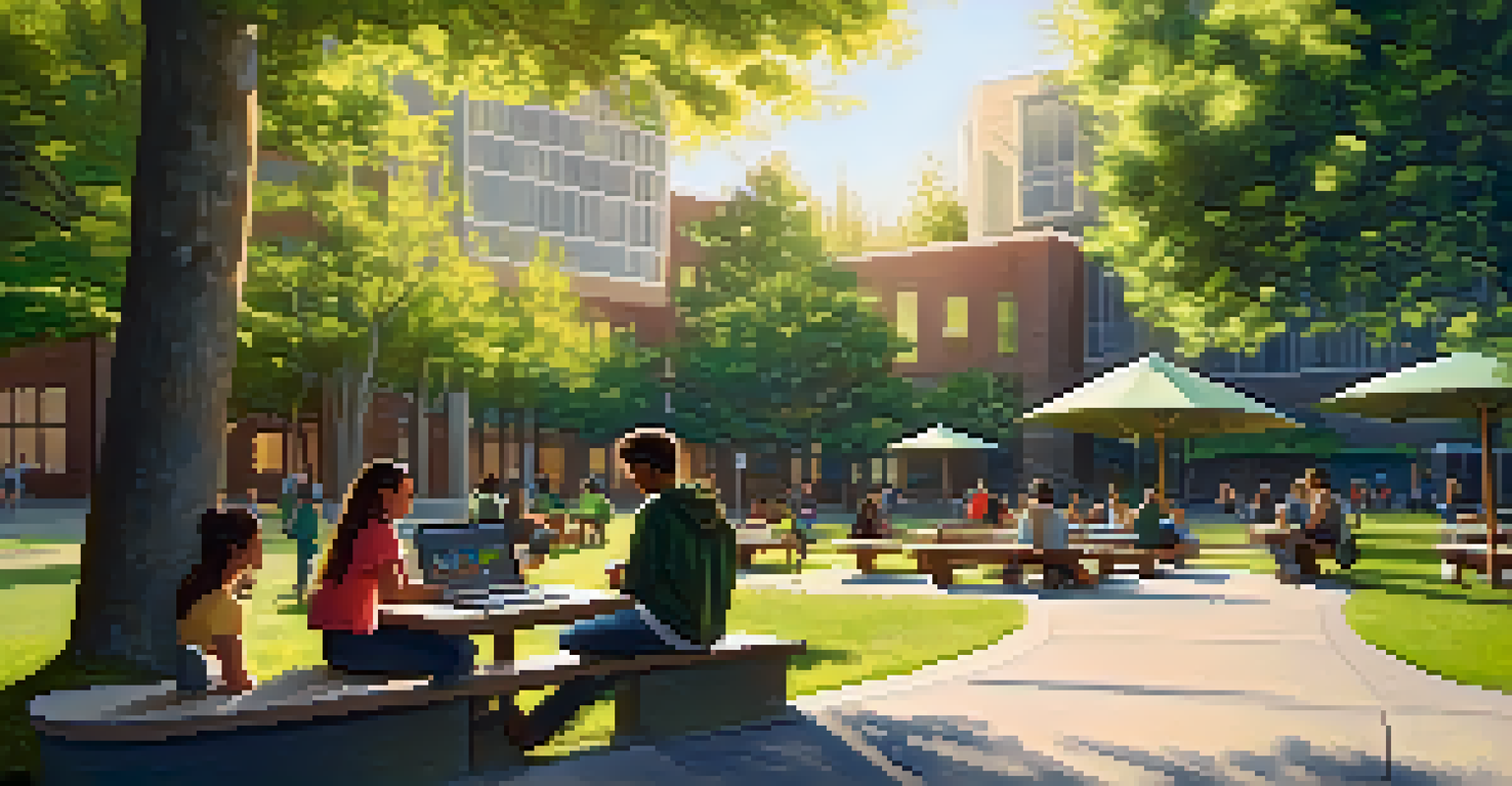 Students collaborating on a project outdoors in a campus setting, with laptops and notebooks, surrounded by trees and bathed in warm sunlight.