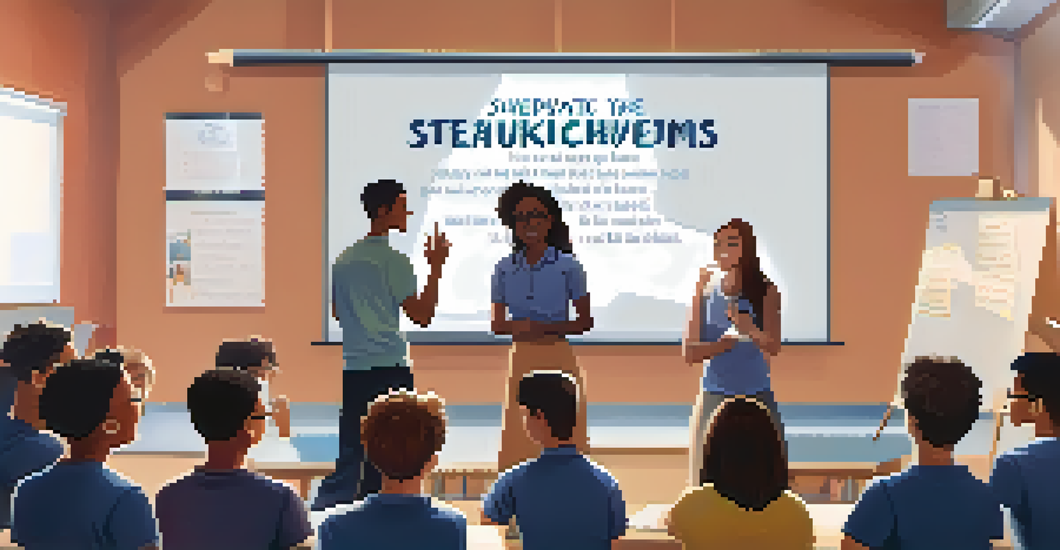 Students practicing public speaking in a supportive classroom environment, with classmates clapping and motivational quotes on the wall.