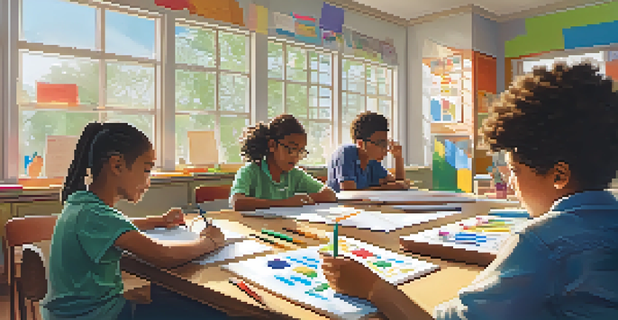 A colorful classroom with diverse students participating in different learning styles, including drawing, listening, and collaborating on projects.