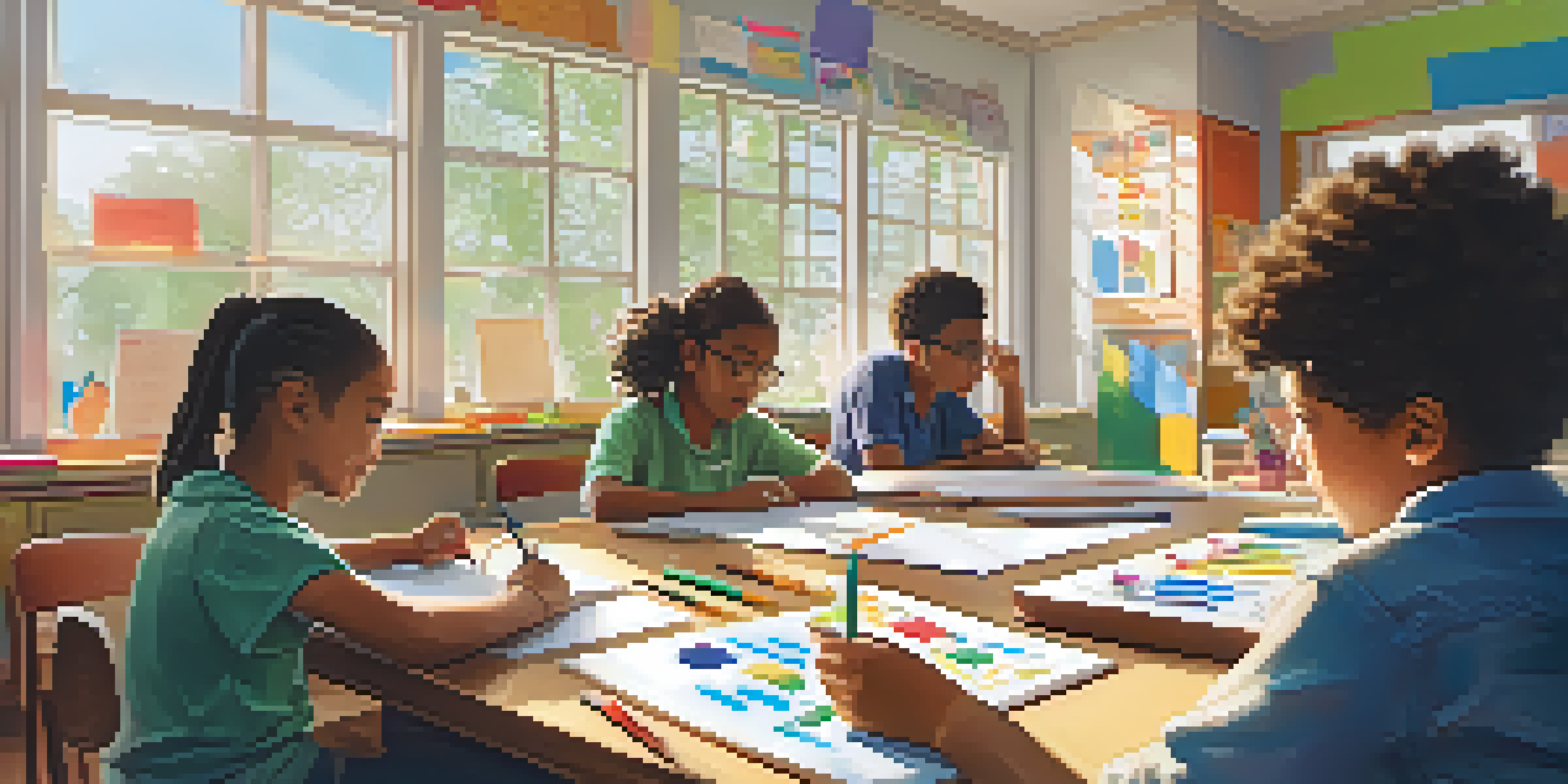 A colorful classroom with diverse students participating in different learning styles, including drawing, listening, and collaborating on projects.