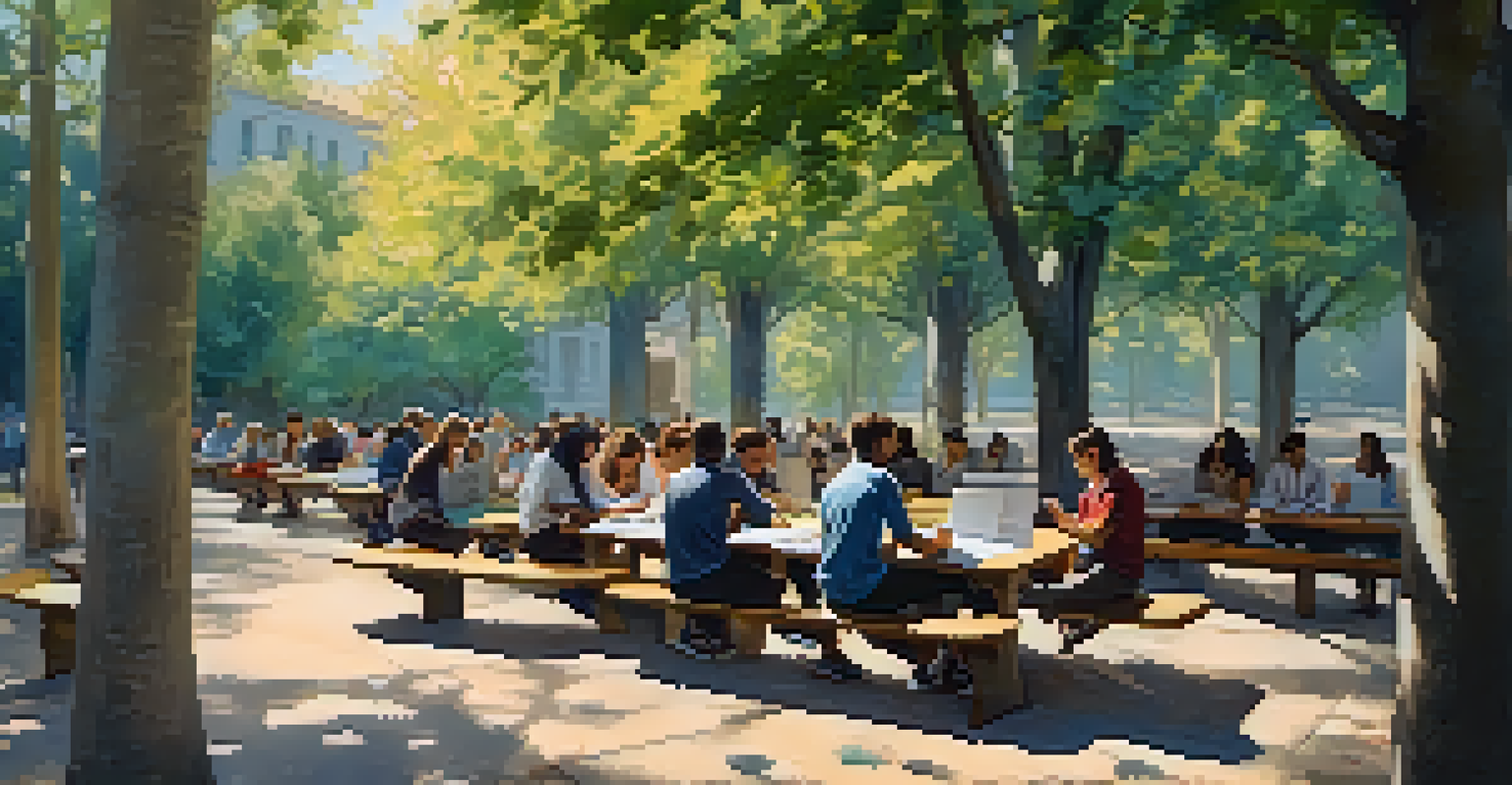 A group of learners sitting in nature, discussing and studying under trees with a whiteboard nearby.