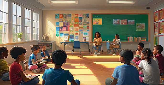 A lively classroom with diverse students sharing stories in a circle, illuminated by warm sunlight.