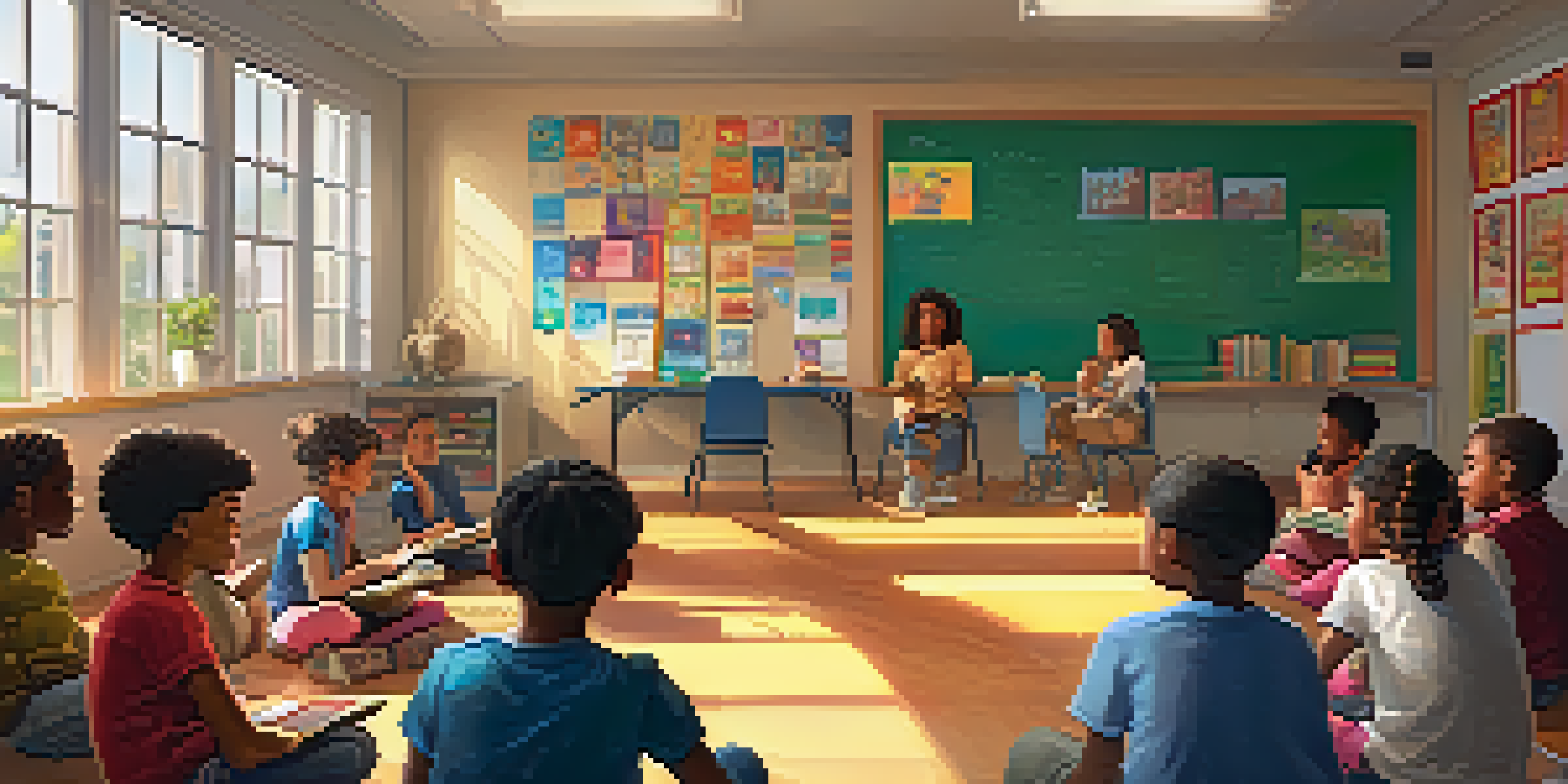 A lively classroom with diverse students sharing stories in a circle, illuminated by warm sunlight.
