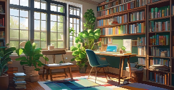 A bright and organized study area with a desk, laptop, and shelves filled with books, illuminated by sunlight.