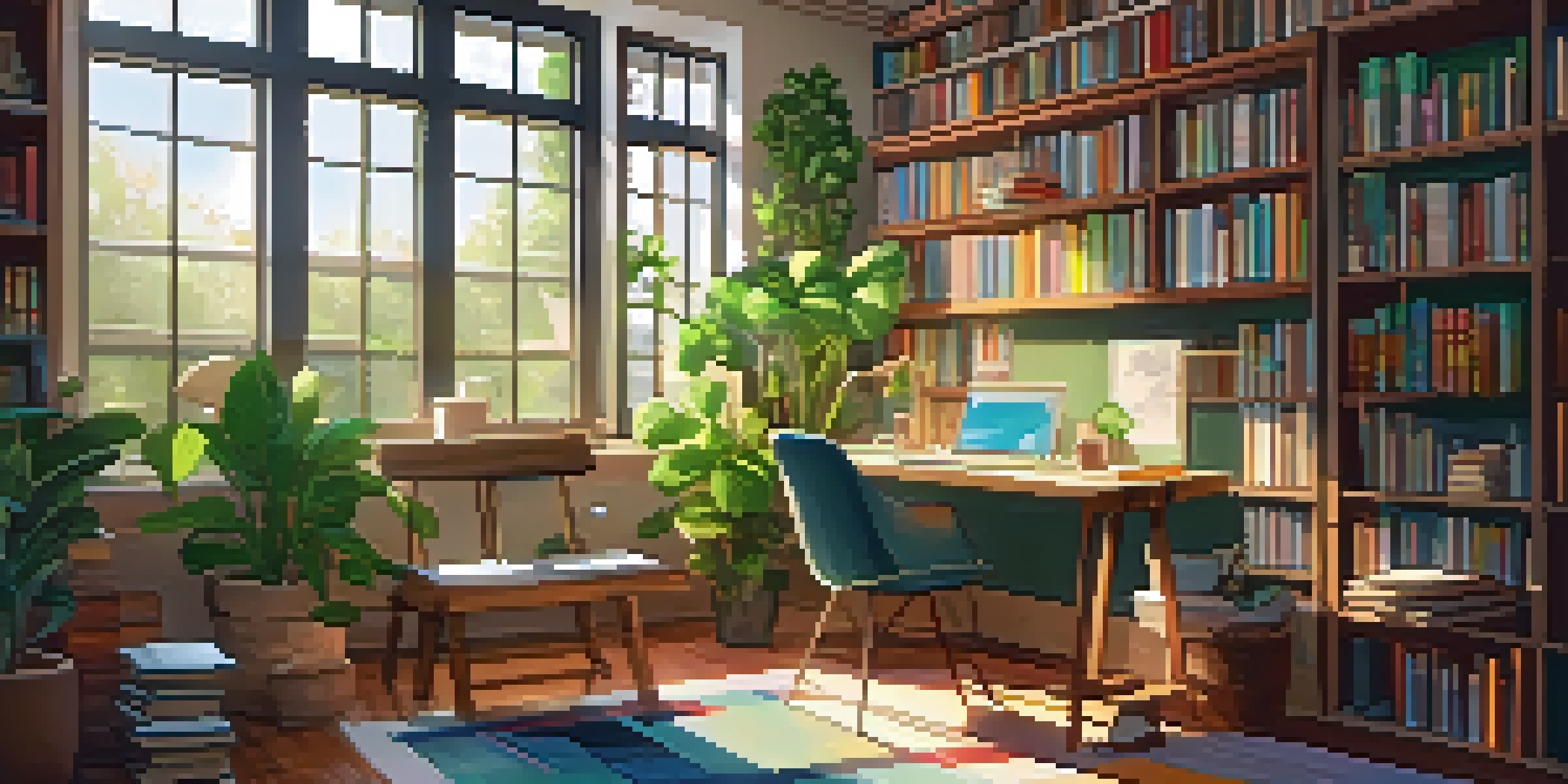 A bright and organized study area with a desk, laptop, and shelves filled with books, illuminated by sunlight.