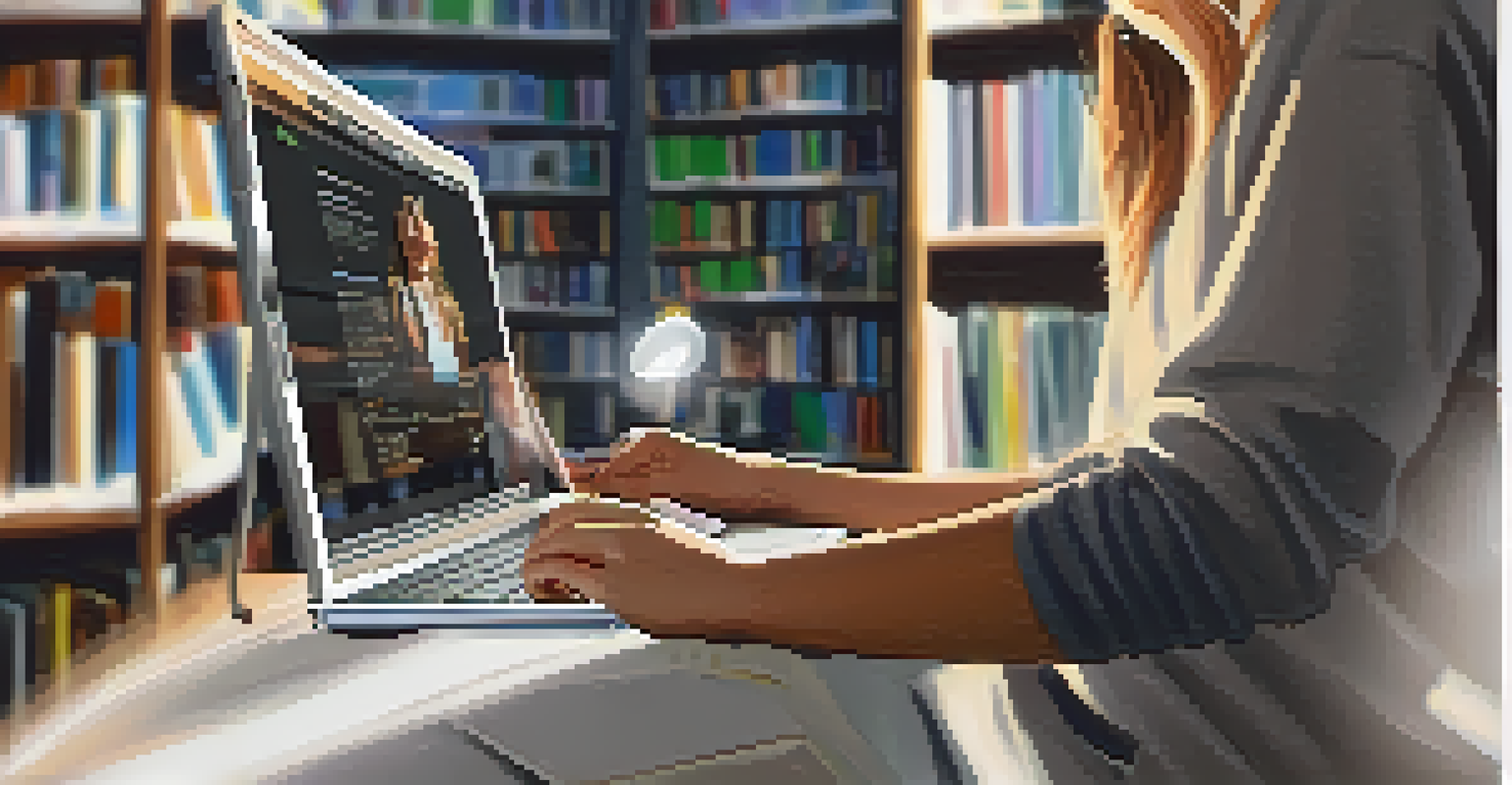 A close-up of a student's hands using a tablet for online research in a cozy study area, with bookshelves and warm lighting in the background.