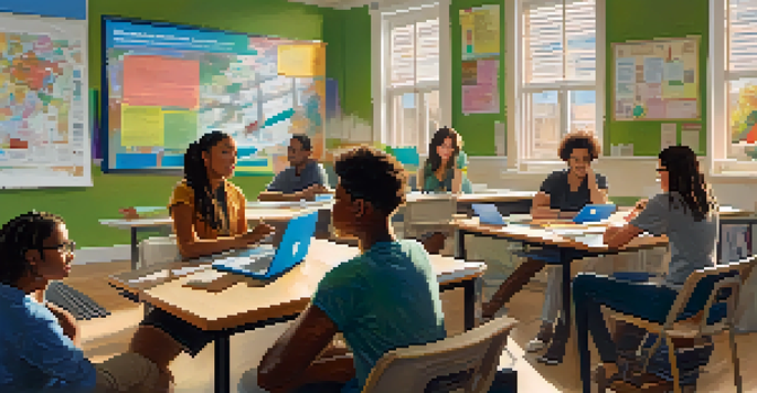 A diverse group of students in an online classroom engaging in a discussion, surrounded by colorful educational materials and warm lighting.