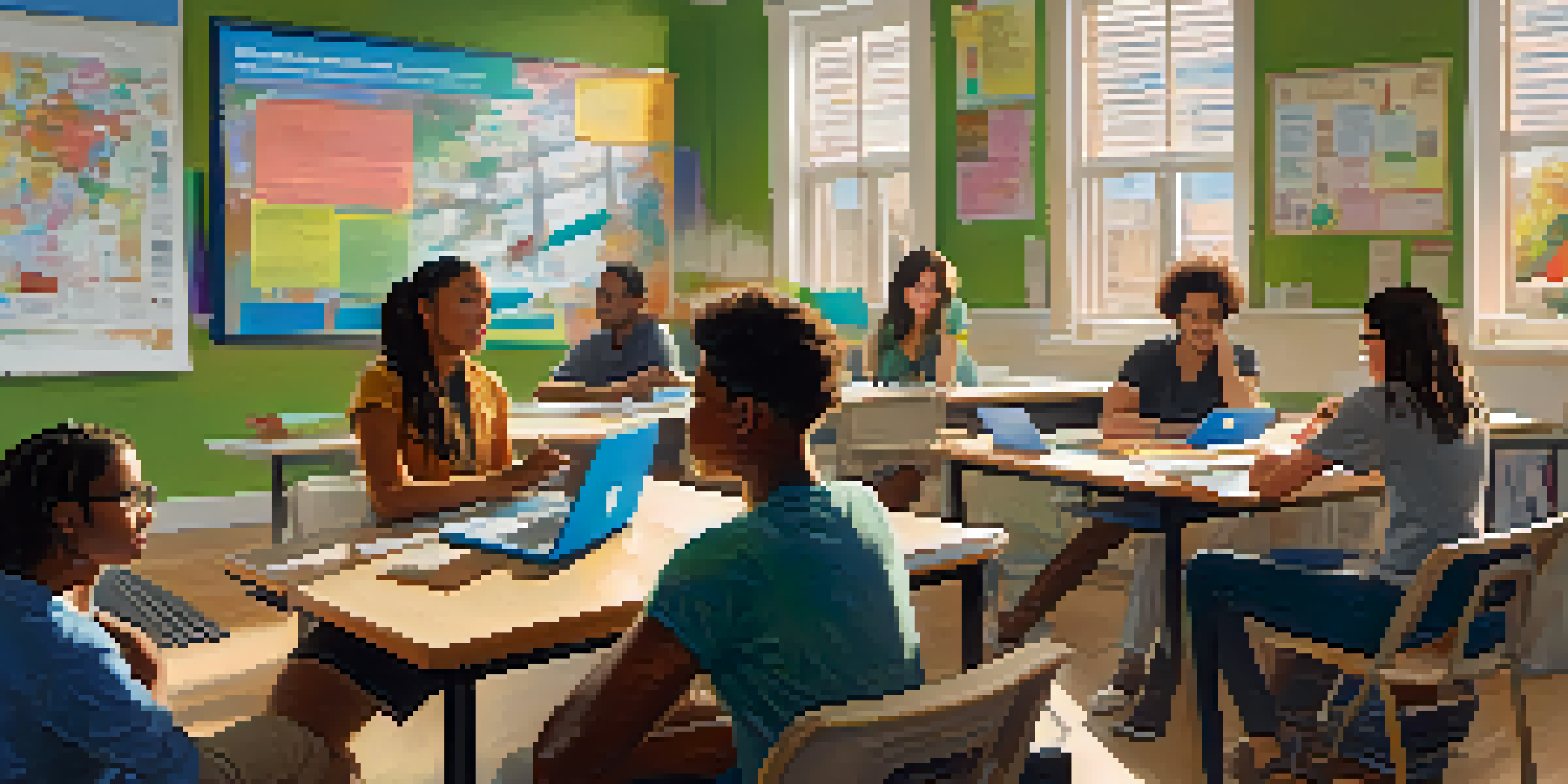 A diverse group of students in an online classroom engaging in a discussion, surrounded by colorful educational materials and warm lighting.