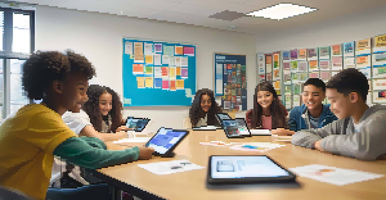 A diverse group of students at a round table using tablets for assessments, with a teacher guiding them in a brightly lit classroom.