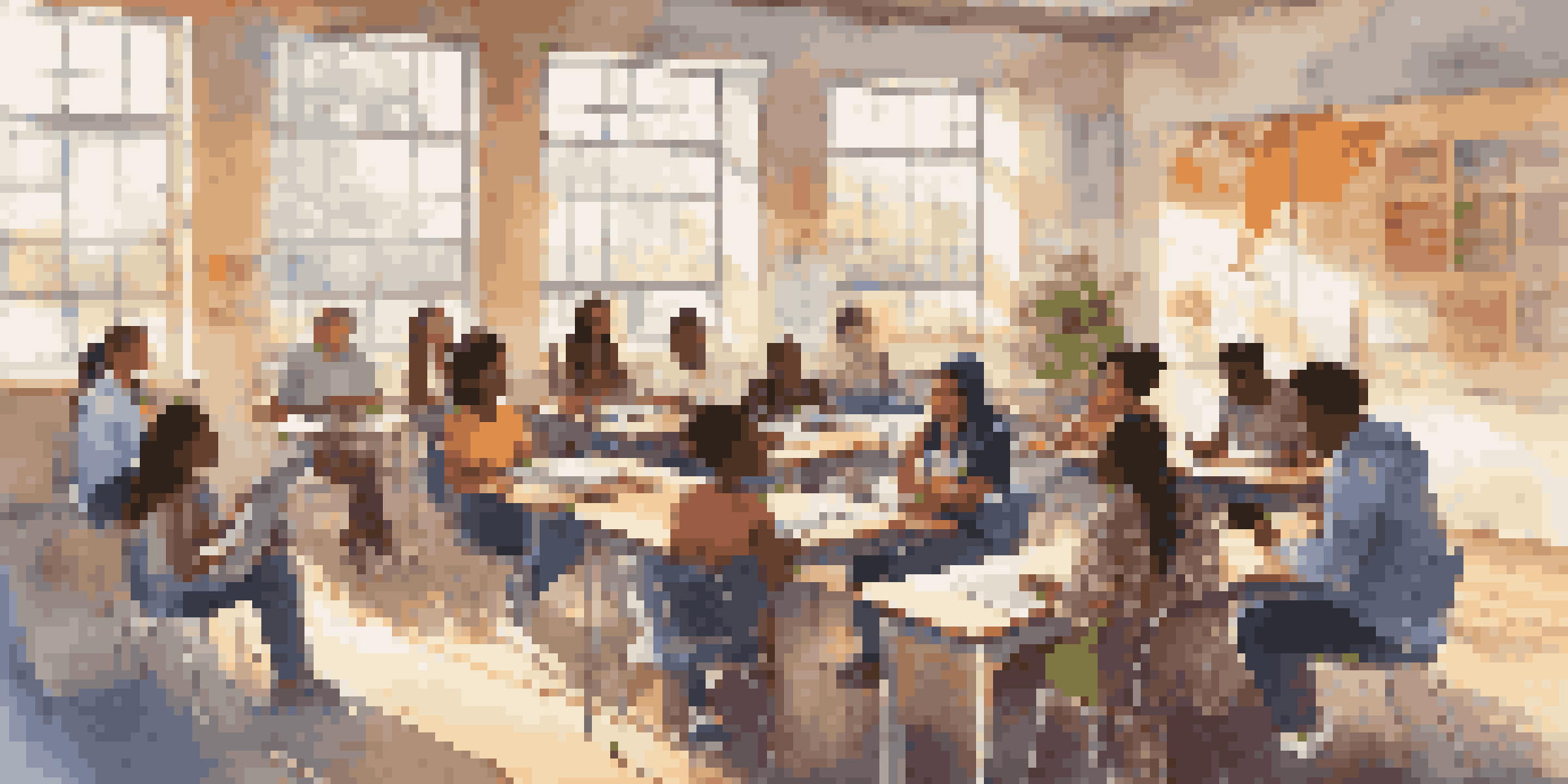A diverse group of students engaging in a lively discussion in a bright classroom filled with educational posters and warm sunlight.