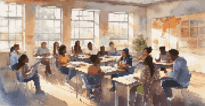 A diverse group of students engaging in a lively discussion in a bright classroom filled with educational posters and warm sunlight.