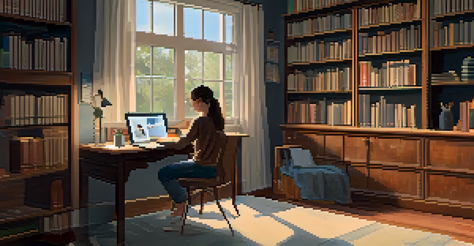 A student watching a recorded lesson on a laptop in a cozy home study environment.