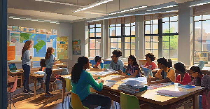 A bright and inviting classroom with students from diverse backgrounds actively participating in group discussions, with a teacher guiding them.