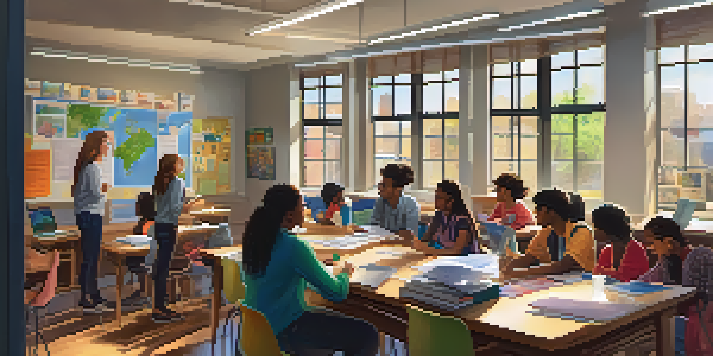 A bright and inviting classroom with students from diverse backgrounds actively participating in group discussions, with a teacher guiding them.