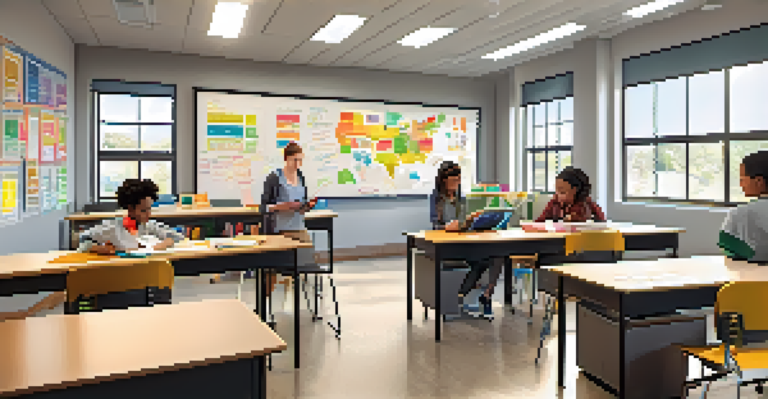 A modern classroom with students using laptops and tablets, bright light, and educational posters.