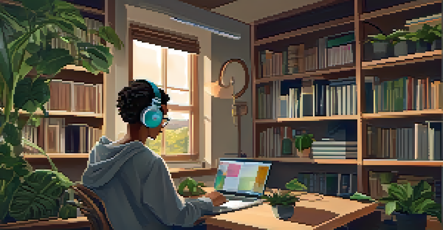 A student in a cozy study room using a laptop and headphones to give audio feedback, surrounded by bookshelves and plants.