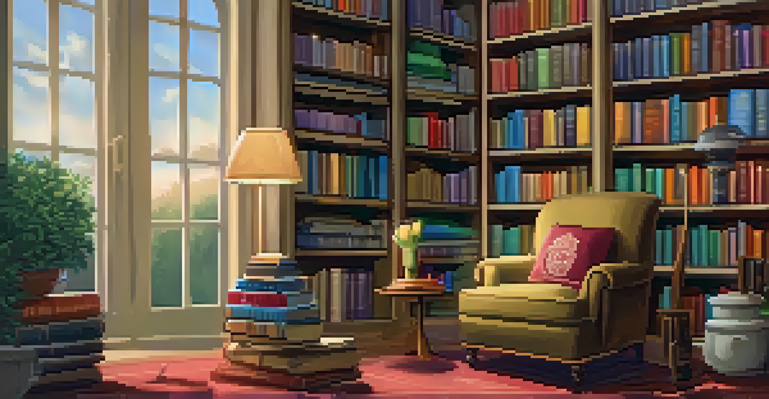 A cozy library with a large bookshelf of colorful books, a plush armchair, and a cup of tea on a side table, creating an inviting atmosphere.