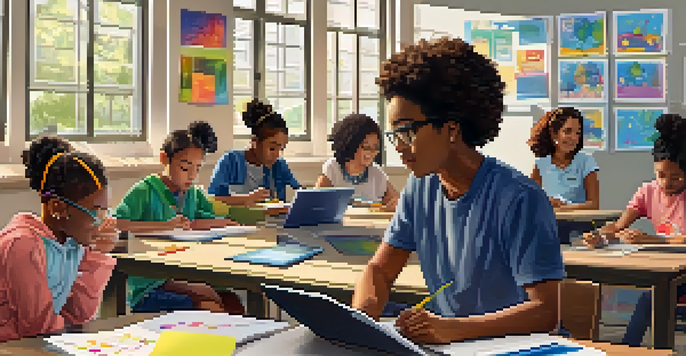 A group of diverse students collaborating on laptops in a bright classroom, with a teacher assisting in the background.
