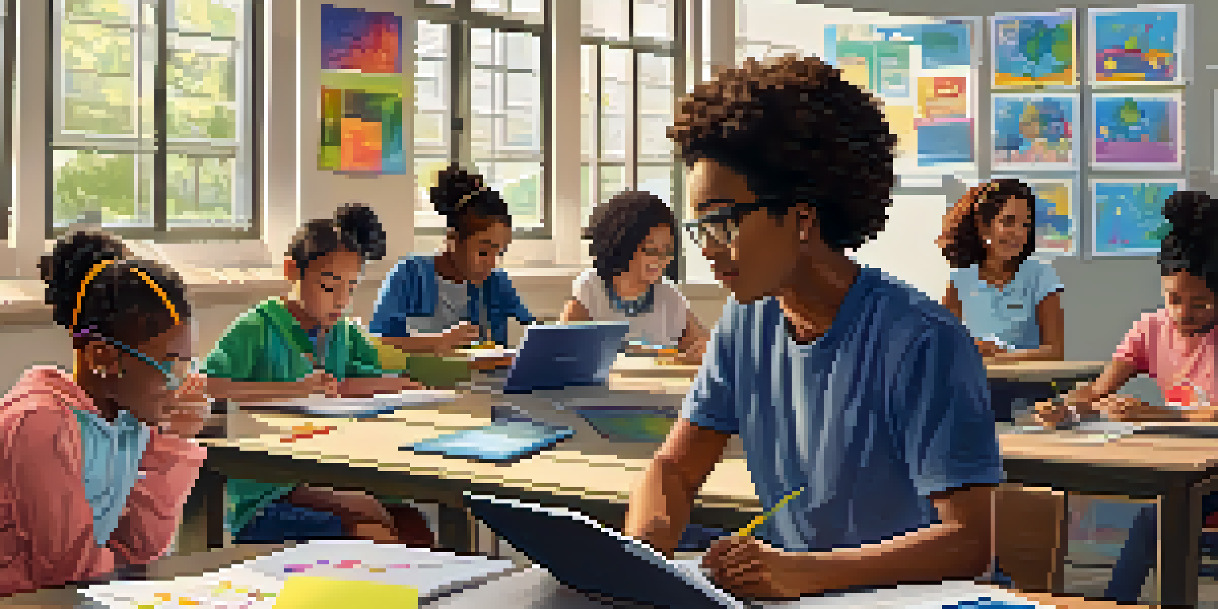 A group of diverse students collaborating on laptops in a bright classroom, with a teacher assisting in the background.