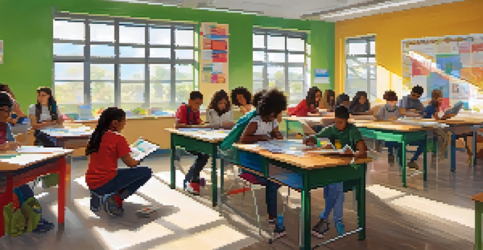 A lively classroom with students of different backgrounds working together on projects, surrounded by colorful decorations and bright sunlight.