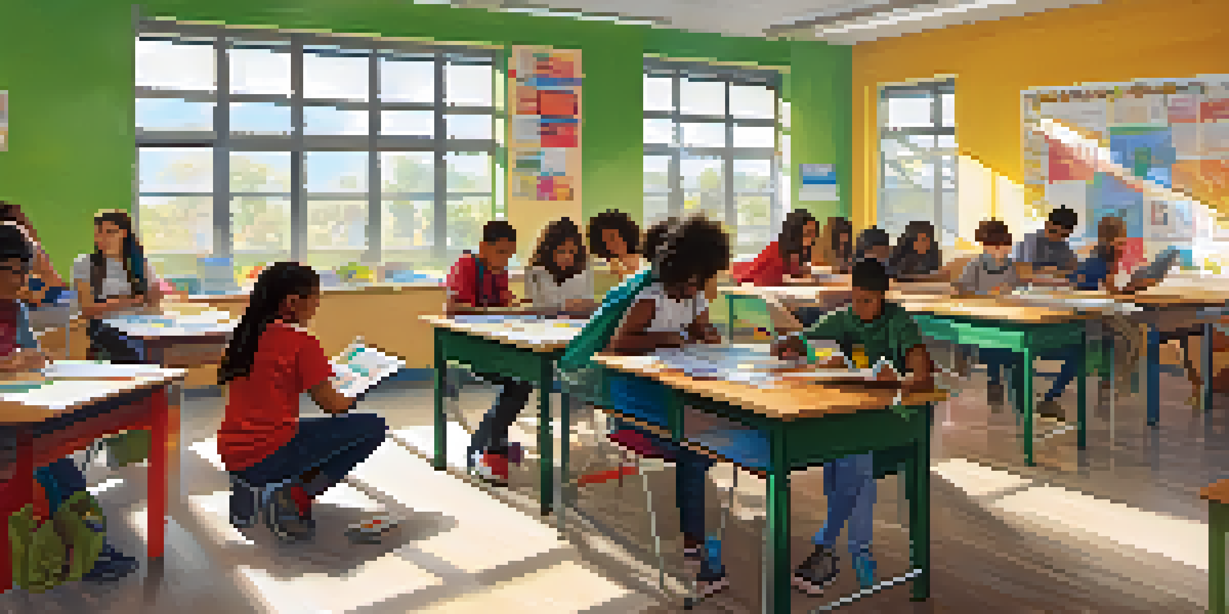 A lively classroom with students of different backgrounds working together on projects, surrounded by colorful decorations and bright sunlight.