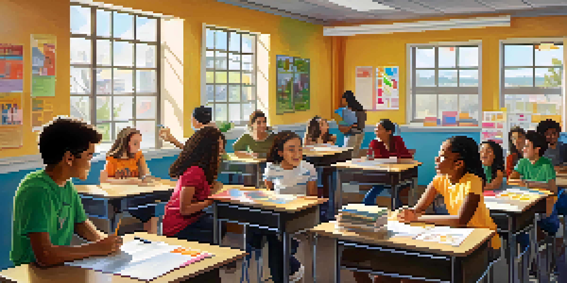A diverse group of students actively collaborating in a bright classroom, surrounded by educational materials and windows letting in natural light.