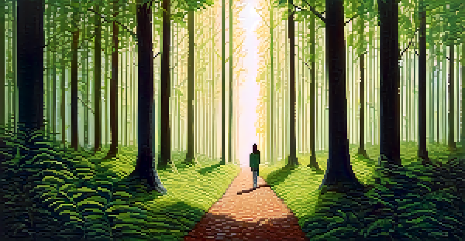 A thoughtful individual at a crossroads in a forest, contemplating two different paths, representing choices in personal growth.