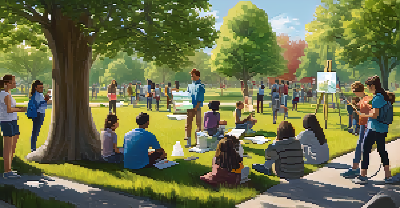 Students creating a public art installation outdoors, collaborating on large canvases with natural and scientific themes in a sunny park.