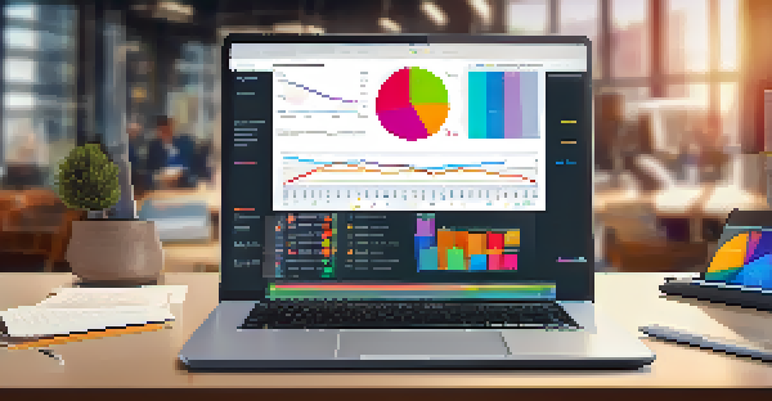 Close-up of a digital feedback tool interface with graphs and comments on a laptop in a busy office.