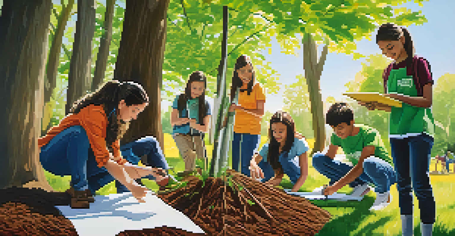 Students working together outdoors on an environmental project, planting trees and designing plans in a sunny park.