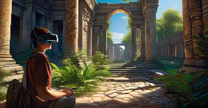 A student exploring ancient ruins through a virtual reality headset, surrounded by detailed stone textures and greenery under soft sunlight.