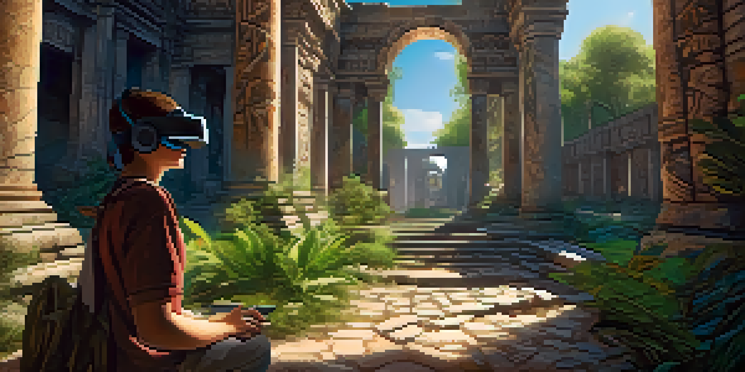 A student exploring ancient ruins through a virtual reality headset, surrounded by detailed stone textures and greenery under soft sunlight.