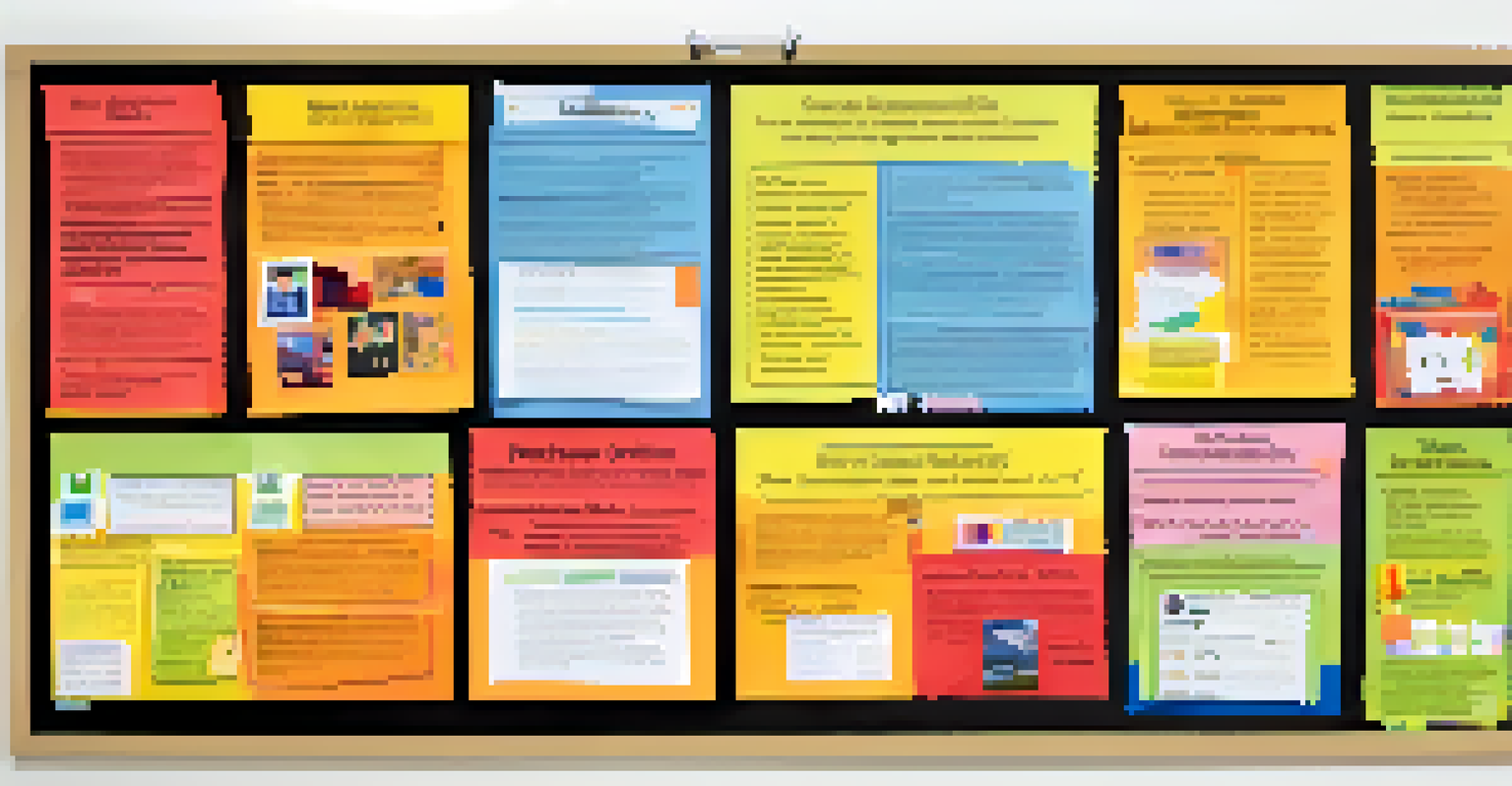 A bulletin board displaying diverse assessment methods like project outlines and peer review forms, set in a collaborative classroom environment.