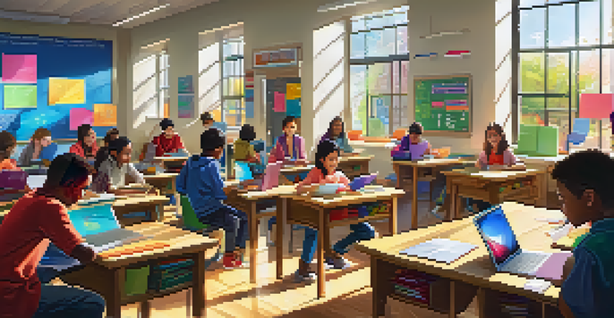 A lively classroom with students working in groups on a project, surrounded by educational posters and technology.