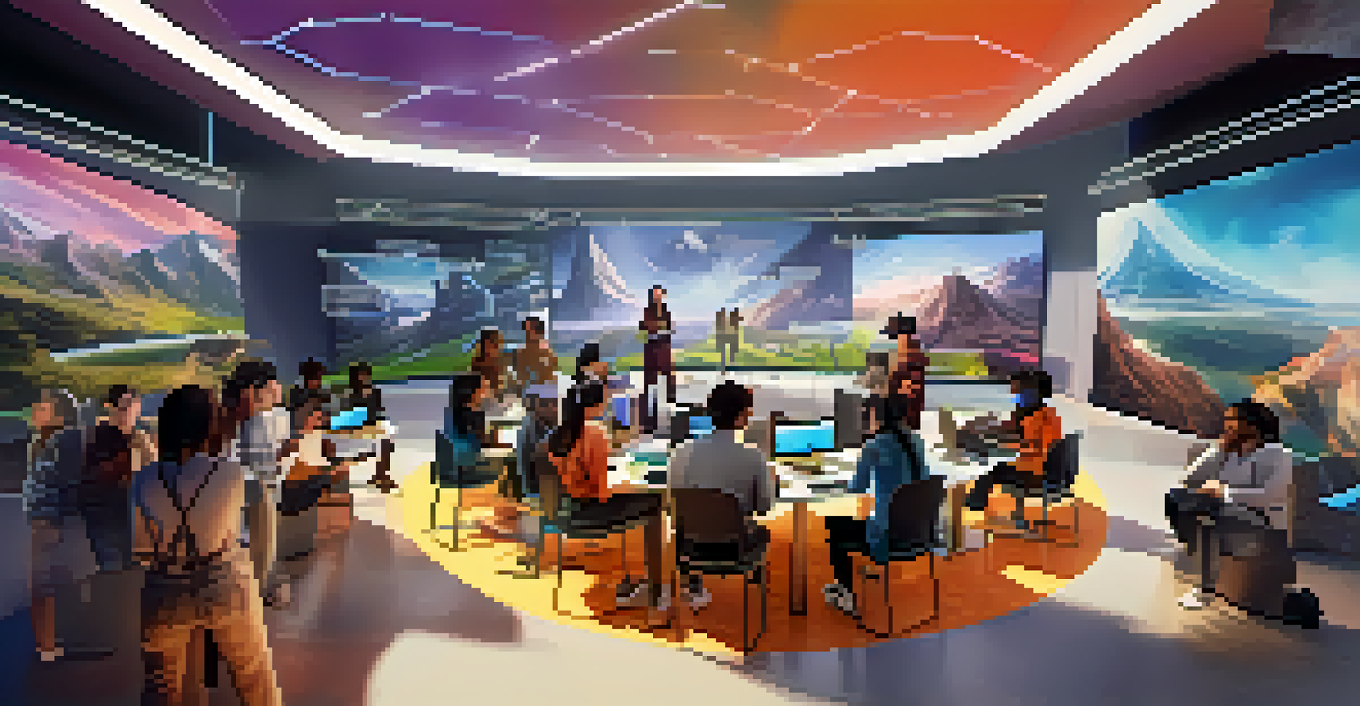 A diverse group of students collaborating in a virtual reality environment, working together on a digital quest against a colorful futuristic backdrop.