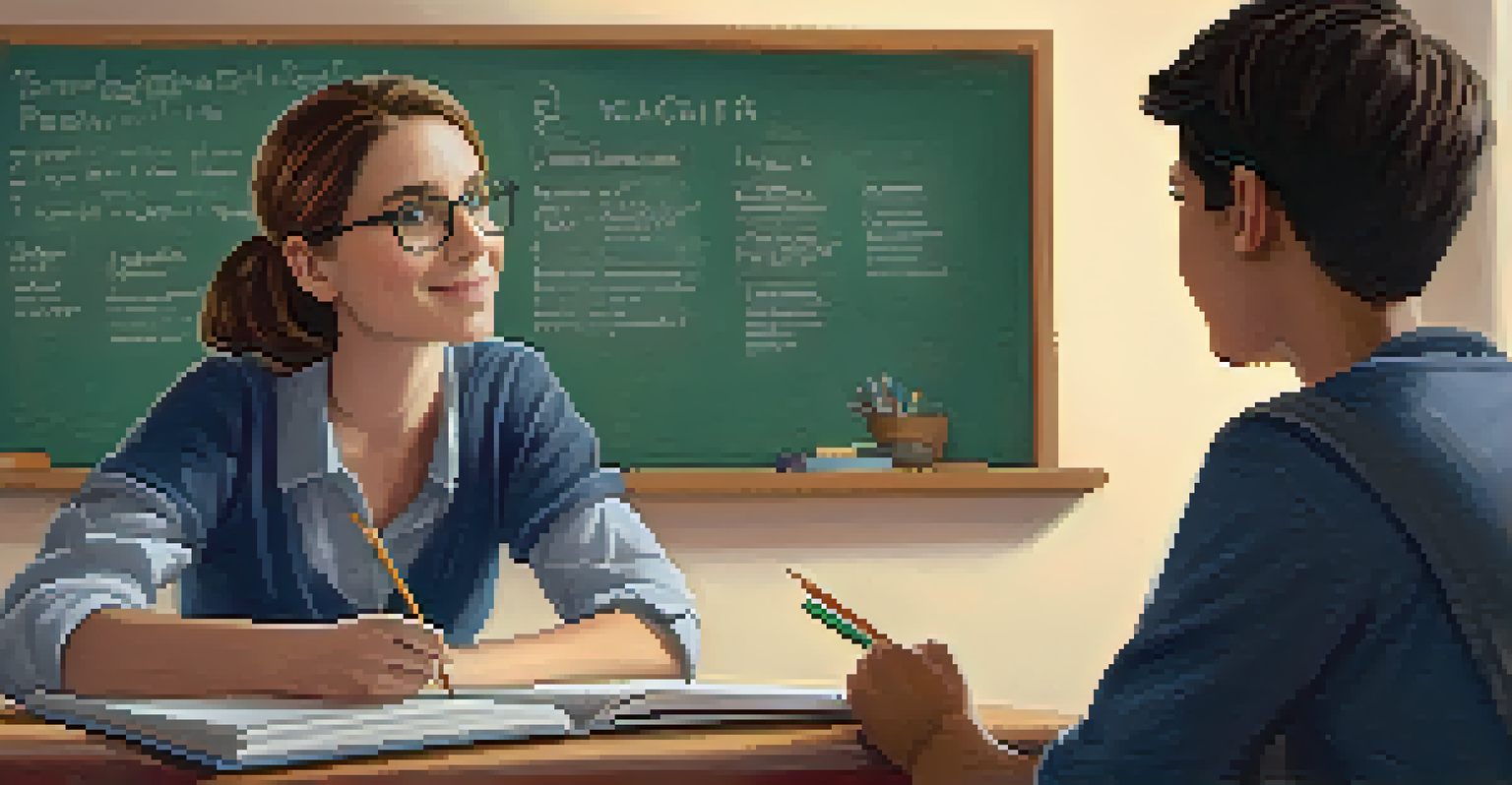 A young teacher leaning in to engage with a thoughtful student in a cozy classroom setting, with positive affirmations in the background.