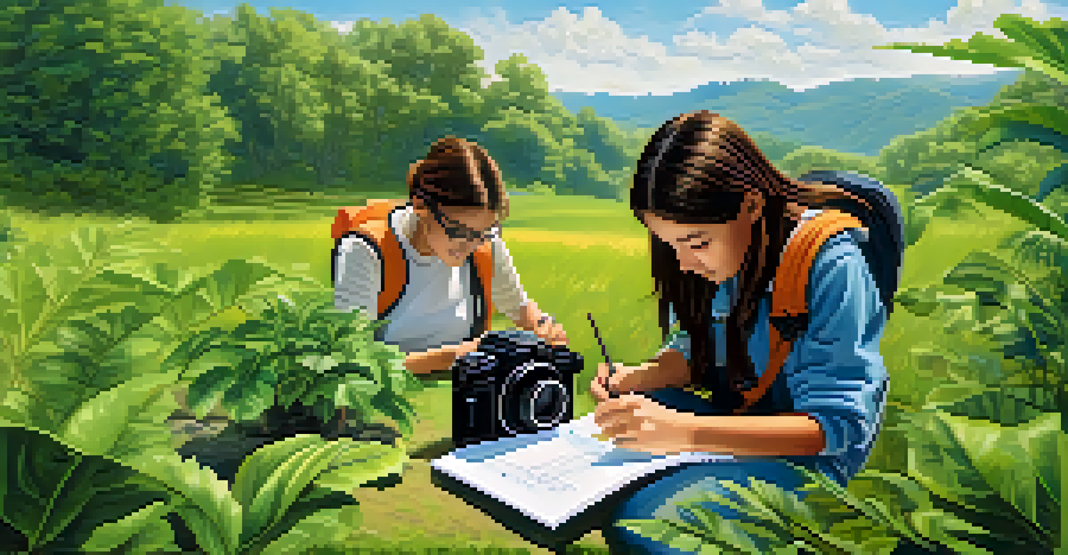 Students outdoors engaging in an environmental science project, taking notes and documenting their findings.