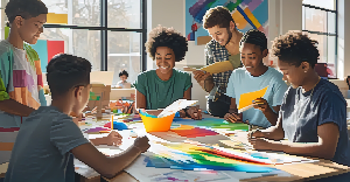 A vibrant classroom with diverse students working together on a design thinking project, surrounded by colorful materials and bright sunlight.