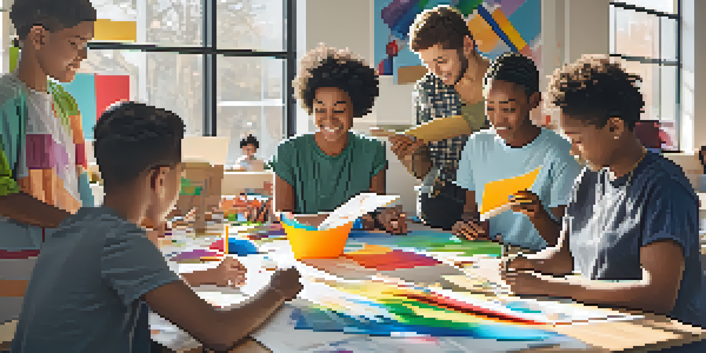 A vibrant classroom with diverse students working together on a design thinking project, surrounded by colorful materials and bright sunlight.