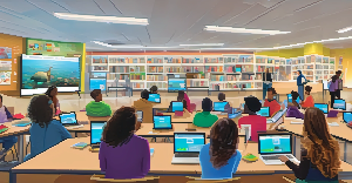 A diverse group of people attending a digital literacy workshop in a bright community library, with laptops and technology resources visible.