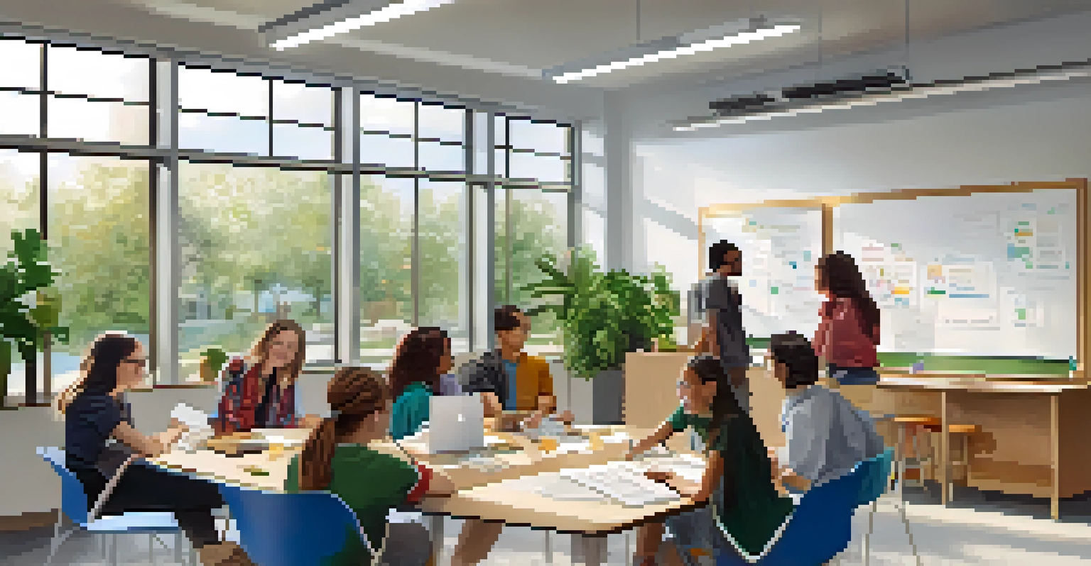Students in a bright classroom discussing a project in small groups, showcasing a collaborative and supportive learning environment.