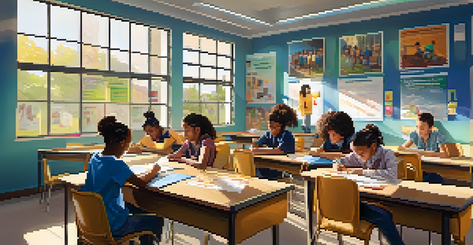 A diverse group of students working together on a project in a colorful classroom filled with educational posters and sunlight.