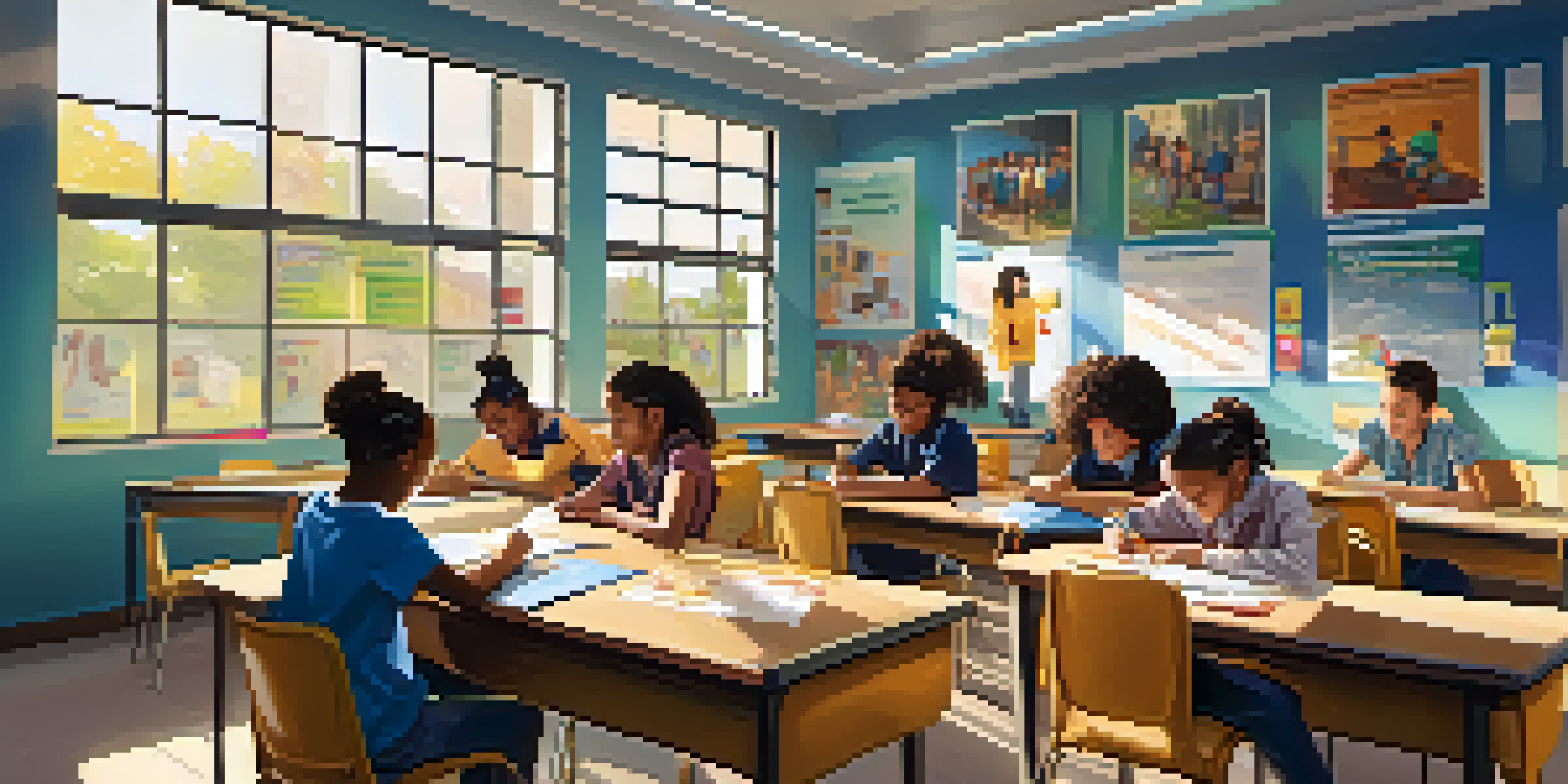 A diverse group of students working together on a project in a colorful classroom filled with educational posters and sunlight.